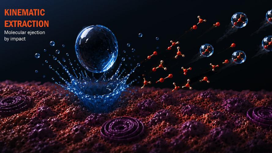 Illustration of a blue droplet striking a biological sample and ejecting molecules from the surface.